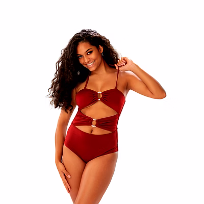 burgundy cut-out one-piece swimsuit with ring detail bandeau halter beachwear