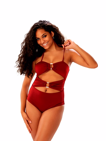 Burgundy Cut-Out One-Piece Swimsuit with Ring Detail Bandeau Halter Beachwear