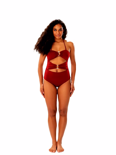 Burgundy Cut-Out One-Piece Swimsuit with Ring Detail Bandeau Halter Beachwear
