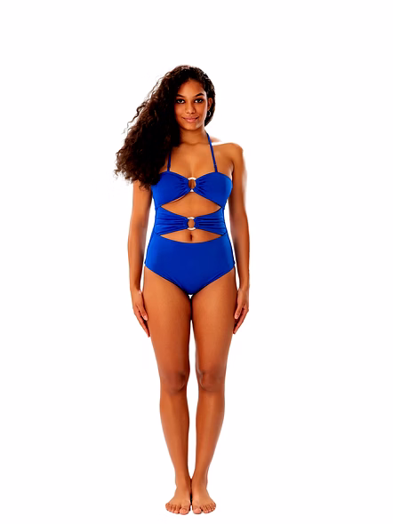 Blue Cut-Out One-Piece Swimsuit with Ring Detail Bandeau Halter Beachwear-Kardigi20