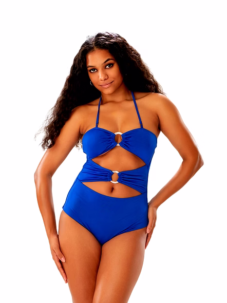 Blue Cut-Out One-Piece Swimsuit with Ring Detail Bandeau Halter Beachwear-1