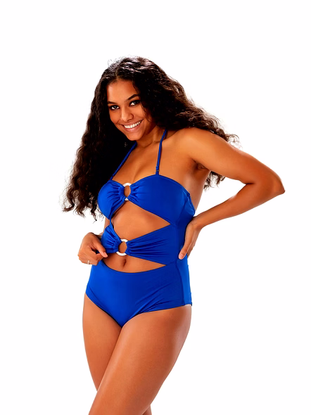 Blue Cut-Out One-Piece Swimsuit with Ring Detail Bandeau Halter Beachwear-2