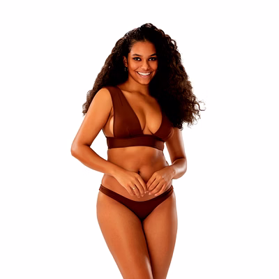 brown two-piece bikini set deep v-neck top with wide straps and low-rise bottom