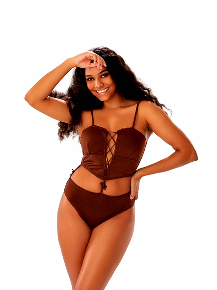 Brown Corset Style Bikini Set Lace-Up Top with High Waist Bottom-Kardigi22