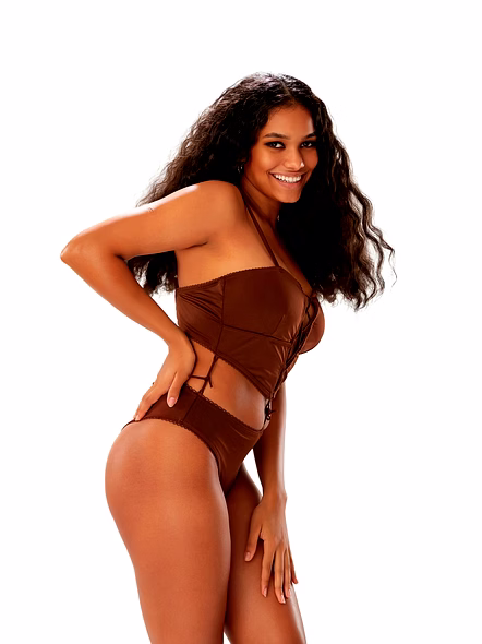 Brown Corset Style Bikini Set Lace-Up Top with High Waist Bottom-1