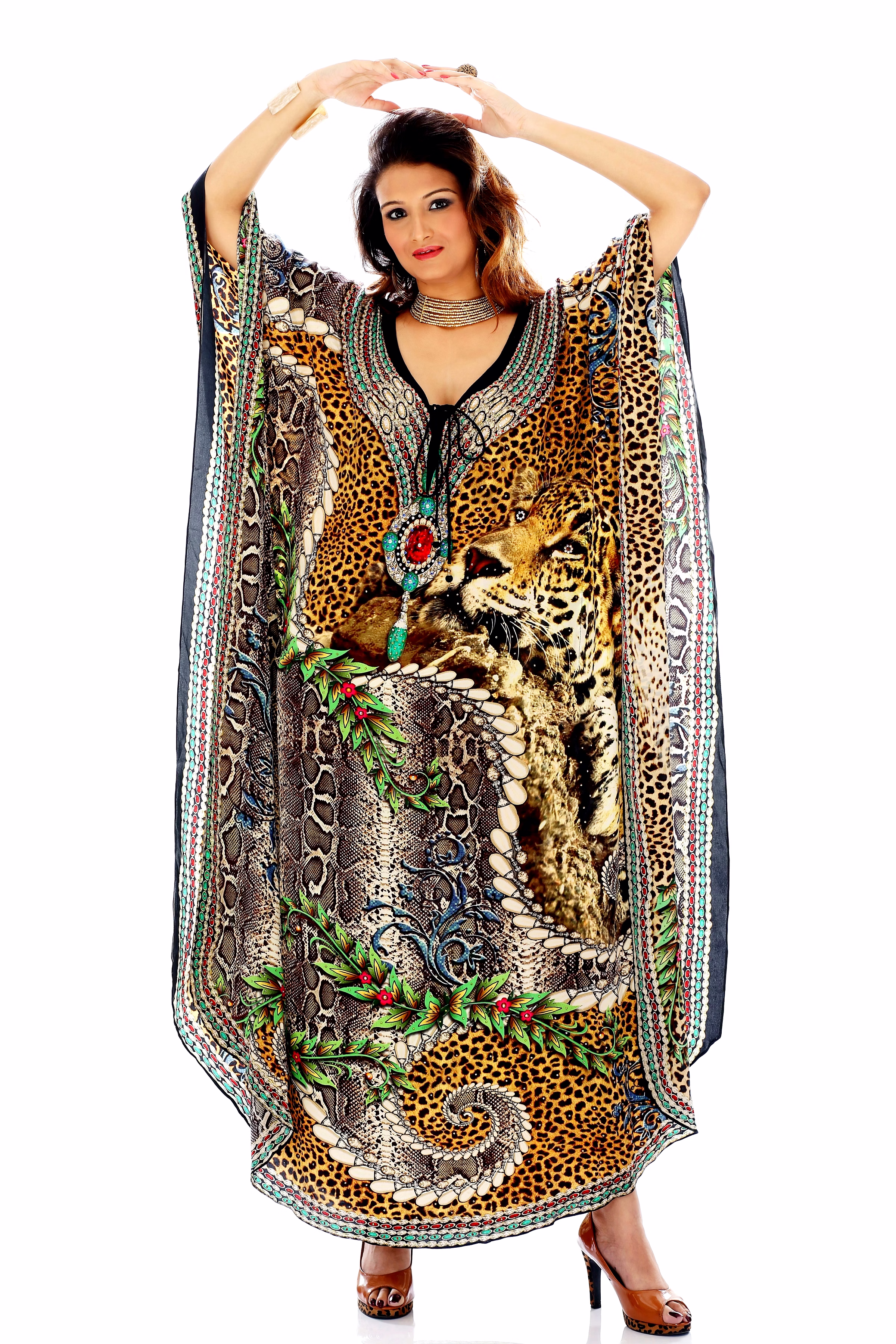 full-length printed kaftan dress with wide sleeves and v-neck tie front resort wear garment