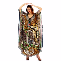 full-length printed kaftan dress with wide sleeves and v-neck tie front resort wear garment