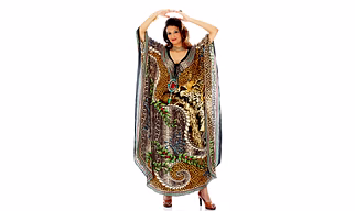 Full-Length Printed Kaftan Dress with Wide Sleeves and V-Neck Tie Front Resort Wear Garment