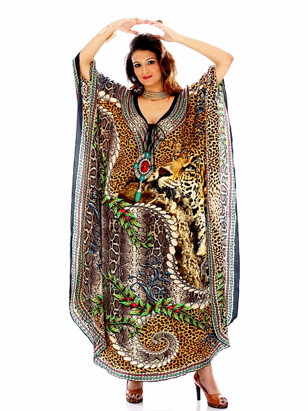 Full-Length Printed Kaftan Dress with Wide Sleeves and V-Neck Tie Front Resort Wear Garment