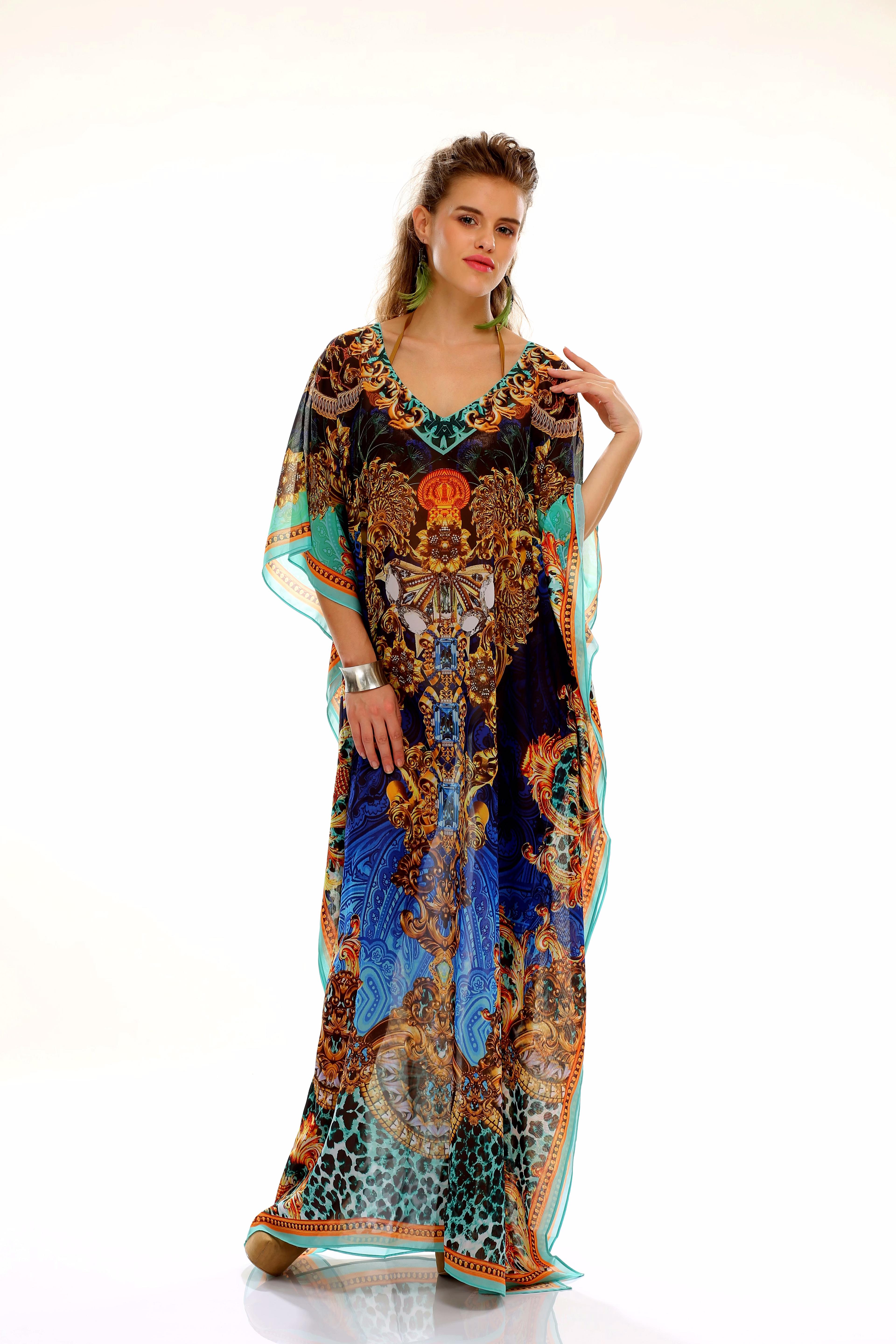 full-length animal print kaftan dress with wide sleeves and v-neck tie front resort wear garment