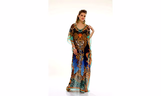 Full-Length Animal Print Kaftan Dress with Wide Sleeves and V-Neck Tie Front Resort Wear Garment