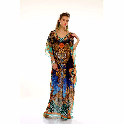 full-length animal print kaftan dress with wide sleeves and v-neck tie front resort wear garment