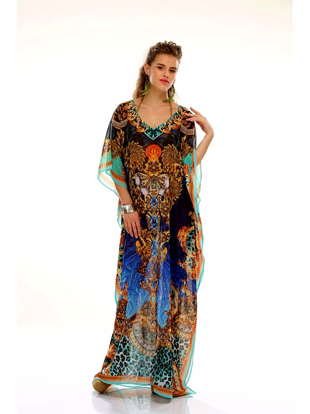 Full-Length Animal Print Kaftan Dress with Wide Sleeves and V-Neck Tie Front Resort Wear Garment