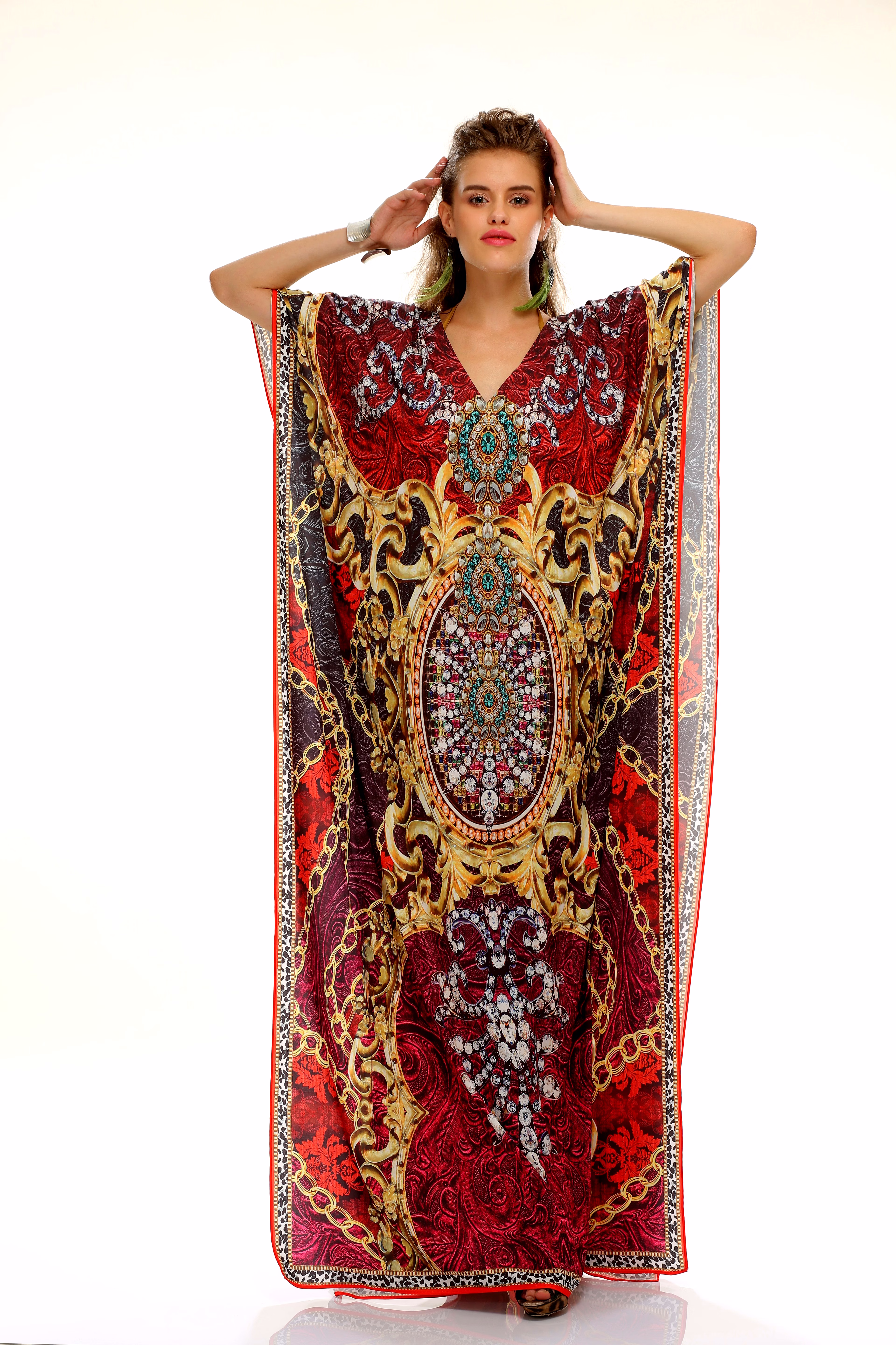 full-length ornamental print kaftan dress with wide sleeves and v-neck resort wear garment