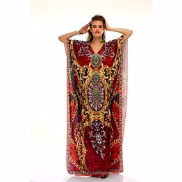 full-length ornamental print kaftan dress with wide sleeves and v-neck resort wear garment