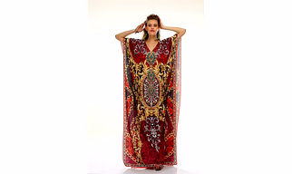 Full-Length Ornamental Print Kaftan Dress with Wide Sleeves and V-Neck Resort Wear Garment