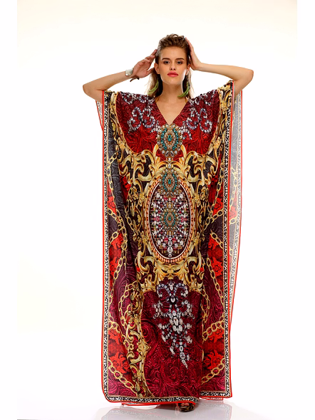 Full-Length Ornamental Print Kaftan Dress with Wide Sleeves and V-Neck Resort Wear Garment