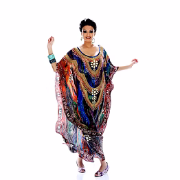 full-length multicolor printed kaftan dress with wide sleeves and decorative neckline resort wear