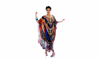 Full-Length Multicolor Printed Kaftan Dress with Wide Sleeves and Decorative Neckline Resort Wear