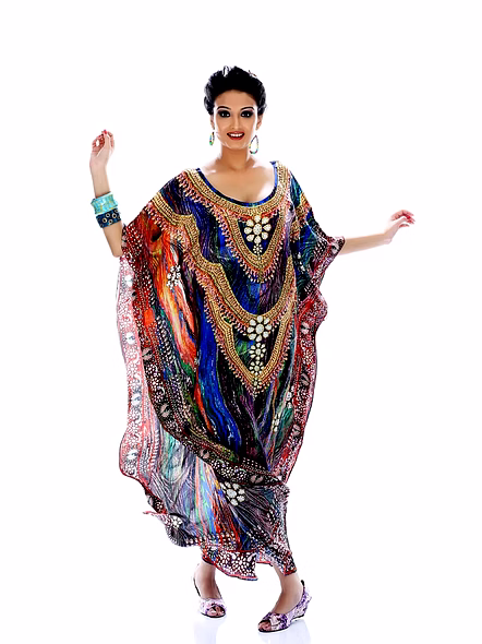 Full-Length Multicolor Printed Kaftan Dress with Wide Sleeves and Decorative Neckline Resort Wear