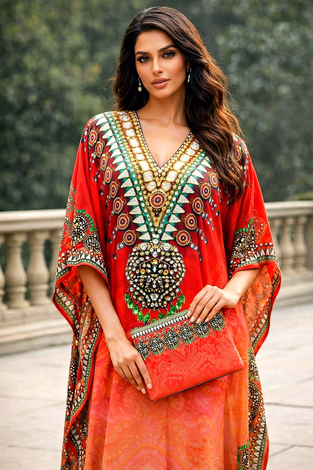 multicolor gradient printed kaftan dress with wide sleeves and v-neck ornamental resort wear