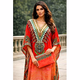 multicolor gradient printed kaftan dress with wide sleeves and v-neck ornamental resort wear