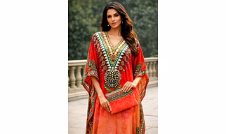 Multicolor Gradient Printed Kaftan Dress with Wide Sleeves and V-Neck Ornamental Resort Wear