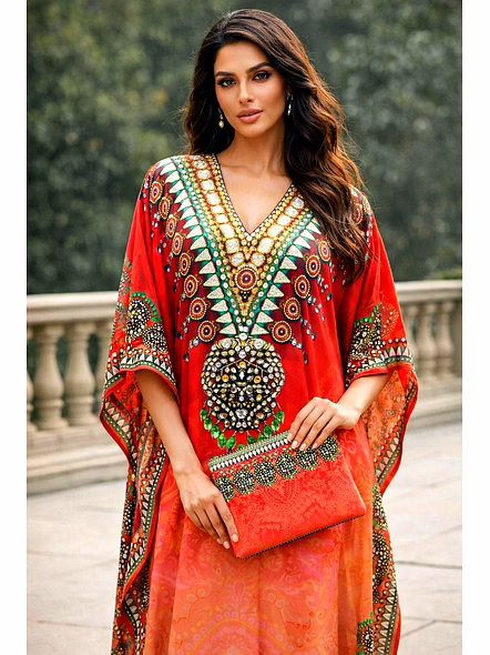 Multicolor Gradient Printed Kaftan Dress with Wide Sleeves and V-Neck Ornamental Resort Wear