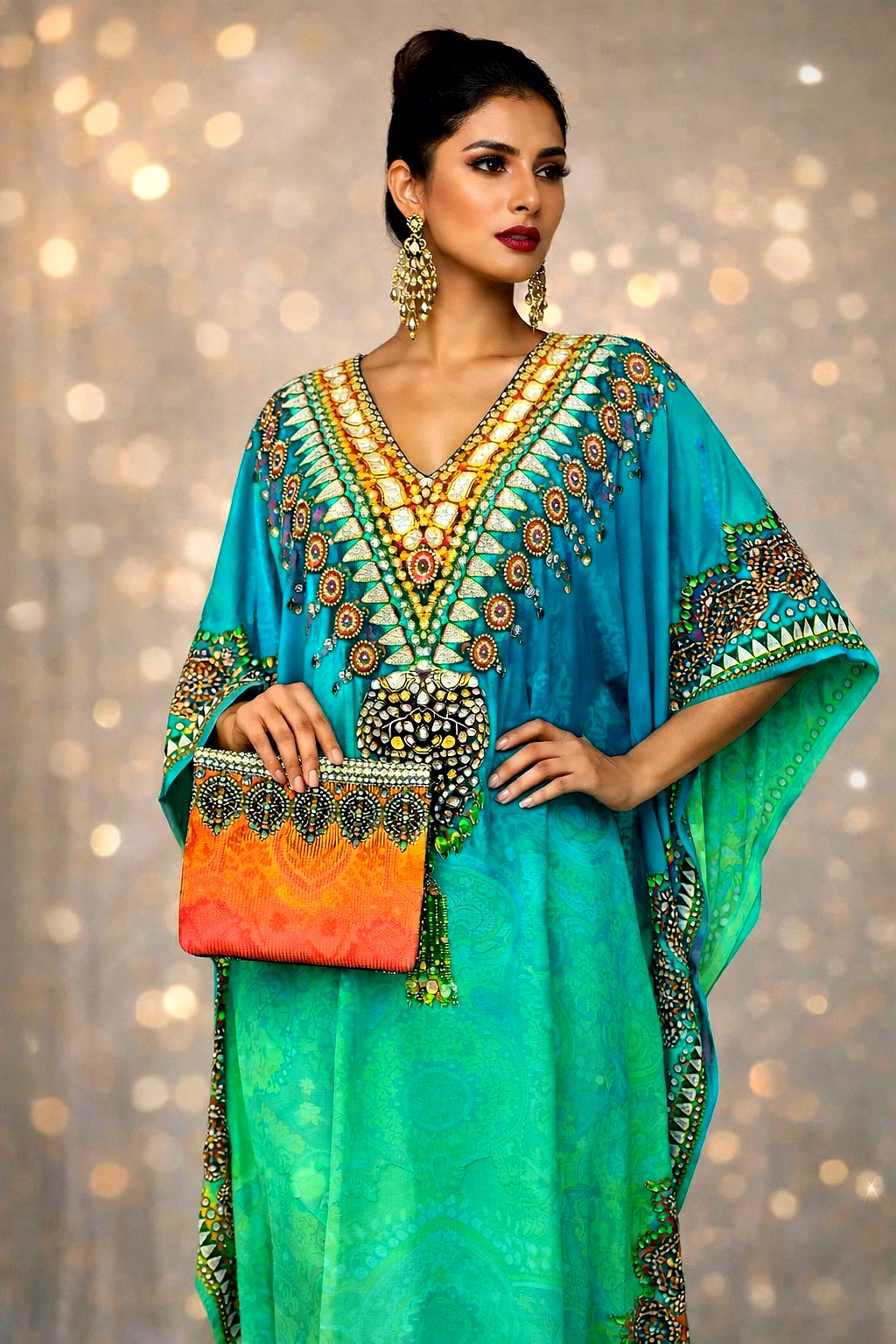 multicolor gradient kaftan dress with wide sleeves and ornamental v-neck resort wear garment