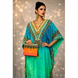 multicolor gradient kaftan dress with wide sleeves and ornamental v-neck resort wear garment