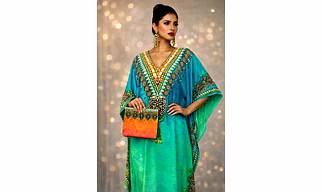Multicolor Gradient Kaftan Dress with Wide Sleeves and Ornamental V-Neck Resort Wear Garment