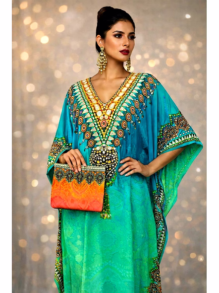 Multicolor Gradient Kaftan Dress with Wide Sleeves and Ornamental V-Neck Resort Wear Garment