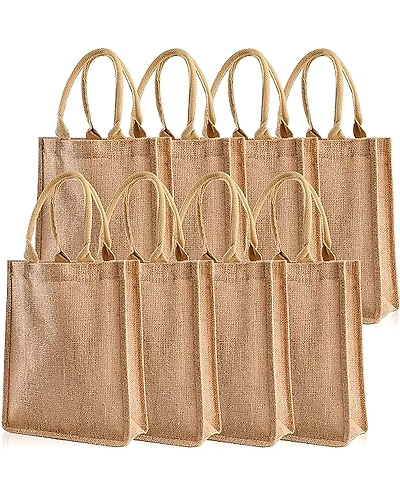 MyOrganicBag Handmade Jute Tote Bags, 8 Pack, Totes with Handles, Jute Beach Bags Reusable Lined Grocery Totes for Bridesmaid, DIY, Shopping, Pool, Wedding, 9.8''x11.8''x3.9'', Natural - Made in India-12281598