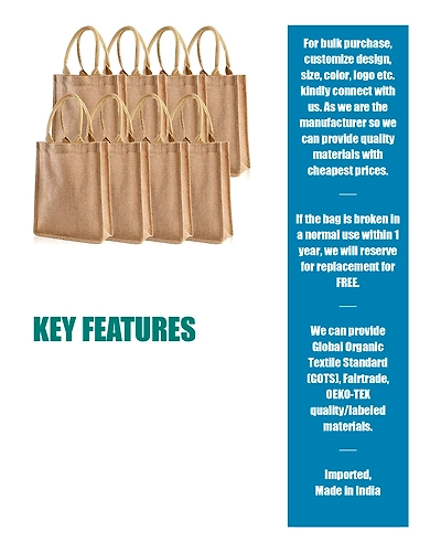 MyOrganicBag Handmade Jute Tote Bags, 8 Pack, Totes with Handles, Jute Beach Bags Reusable Lined Grocery Totes for Bridesmaid, DIY, Shopping, Pool, Wedding, 9.8''x11.8''x3.9'', Natural - Made in India-3