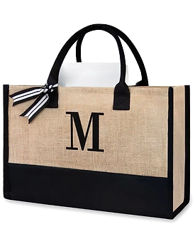 MyOrganicBag Handmade Jute Tote Bag with Initials, Personalized Bag, Suitable for Wedding, Birthday, Beach, Great Gift for Women, Mom, Teachers, Friends, Bridesmaids (Letter M) - Made in India