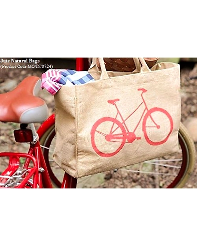 MyOrganicBag Handmade Jute Market Tote Bag with Bicycle Print, Durable Handle, Reinforced Bottom, Generous capacity, 12.5&quot; tall x 17&quot; wide x 7&quot; deep – Made in India-1