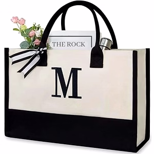 MyOrganicBag Handmade Cotton Canvas Tote Bag for Women – Embroidered, ISO Certified, Initial Bag (A)