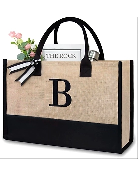 MyOrganicBag Handmade Burlap Jute Tote Bag for Women – Embroidered, ISO Certified, Initial Bag (A)