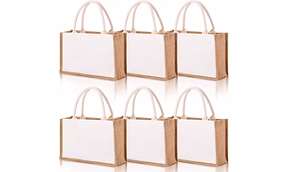MyOrganicBag 6 Pack Burlap Tote Bag, Reusable Jute Gift Totes with Handles, Water Resistant Beach Bag, 14.7'' x 9.8'' x 4.5'' Canvas Grocery Shopping Totes for Bridesmaid, DIY, Shopping, Wedding Bag