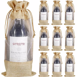 jute wine bags, 10pcs burlap wine bottle gift bags 750ml with sheer window organza hessian drawstring gift bags for wedding festival wine tasting party favors (14 x 6.3 inches)