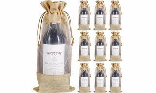 Jute Wine Bags, 10pcs Burlap Wine Bottle Gift Bags 750ml with Sheer Window Organza Hessian Drawstring Gift Bags for Wedding Festival Wine Tasting Party Favors (14 x 6.3 inches)