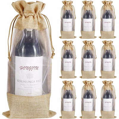 jute wine bags, 10pcs burlap wine bottle gift bags 750ml with sheer window organza hessian drawstring gift bags for wedding festival wine tasting party favors (14 x 6.3 inches)