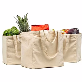 myorganicbag canvas grocery bag 3pc xl set with real pockets, long shoulder strap and short handle. heavy duty, foldable, washable