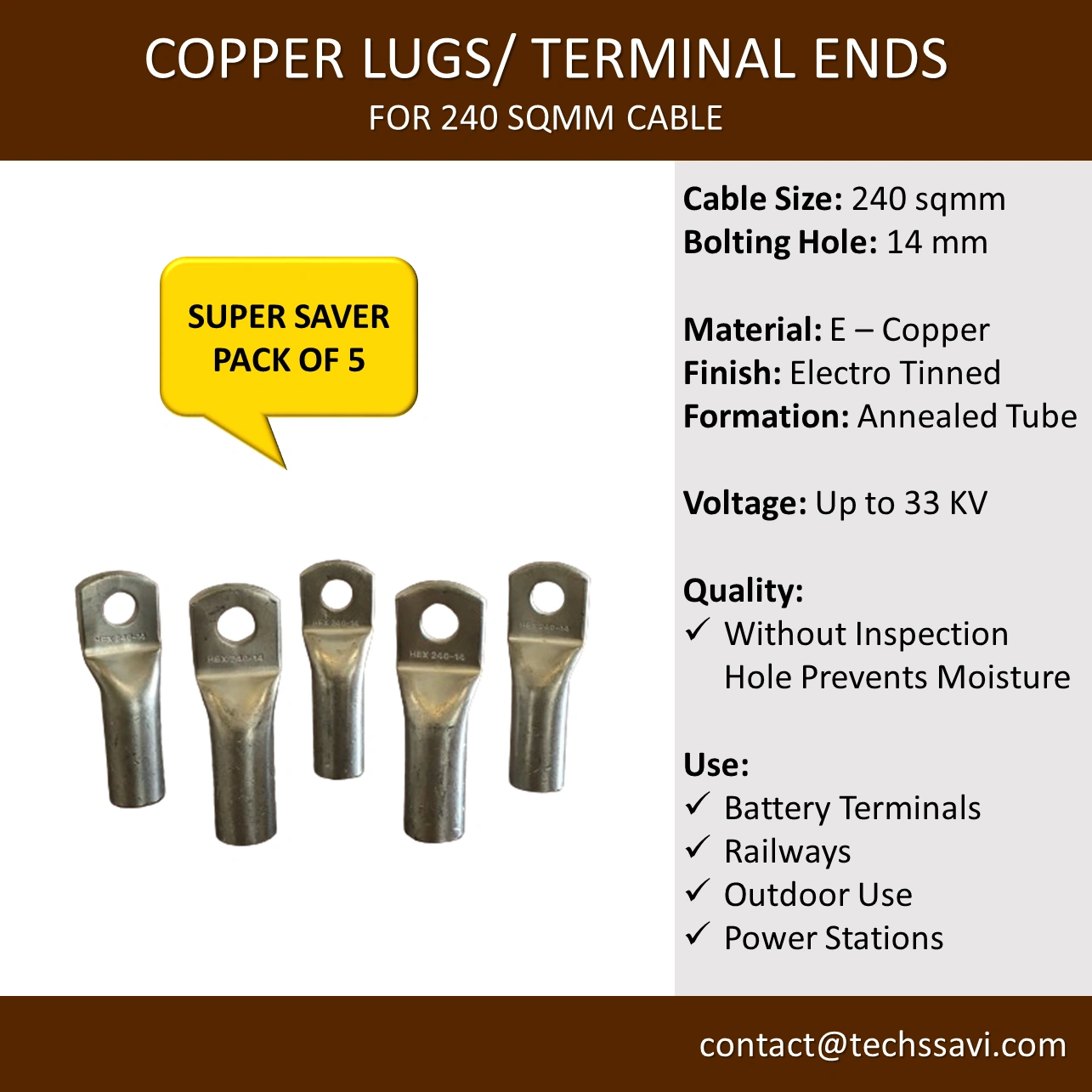 Copper Lug, Cable Terminal, 240 SQMM, Pack of 5-12586628