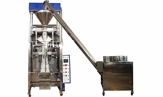 FULLY AUTOMATIC PLC CONTROLLED VERTICAL FFS (COLLAR TYPE) MACHINE WITH SERVO MOTOR CONTROLLED AUGER FILLER