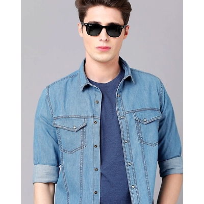 Prototype Men Washed Casual Blue Shirt-L-Blue-3