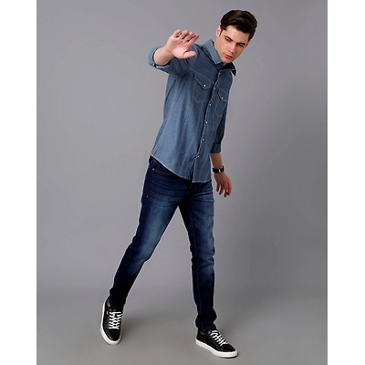 Prototype Men Washed Casual Blue Shirt-L-Blue-2