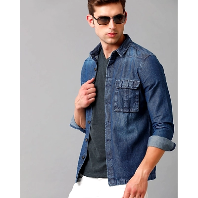 Prototype Men Washed Casual Dark Blue Shirt-SK-SCOTE-L