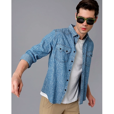 Prototype Men Printed Casual Blue Shirt-W-WANG-L