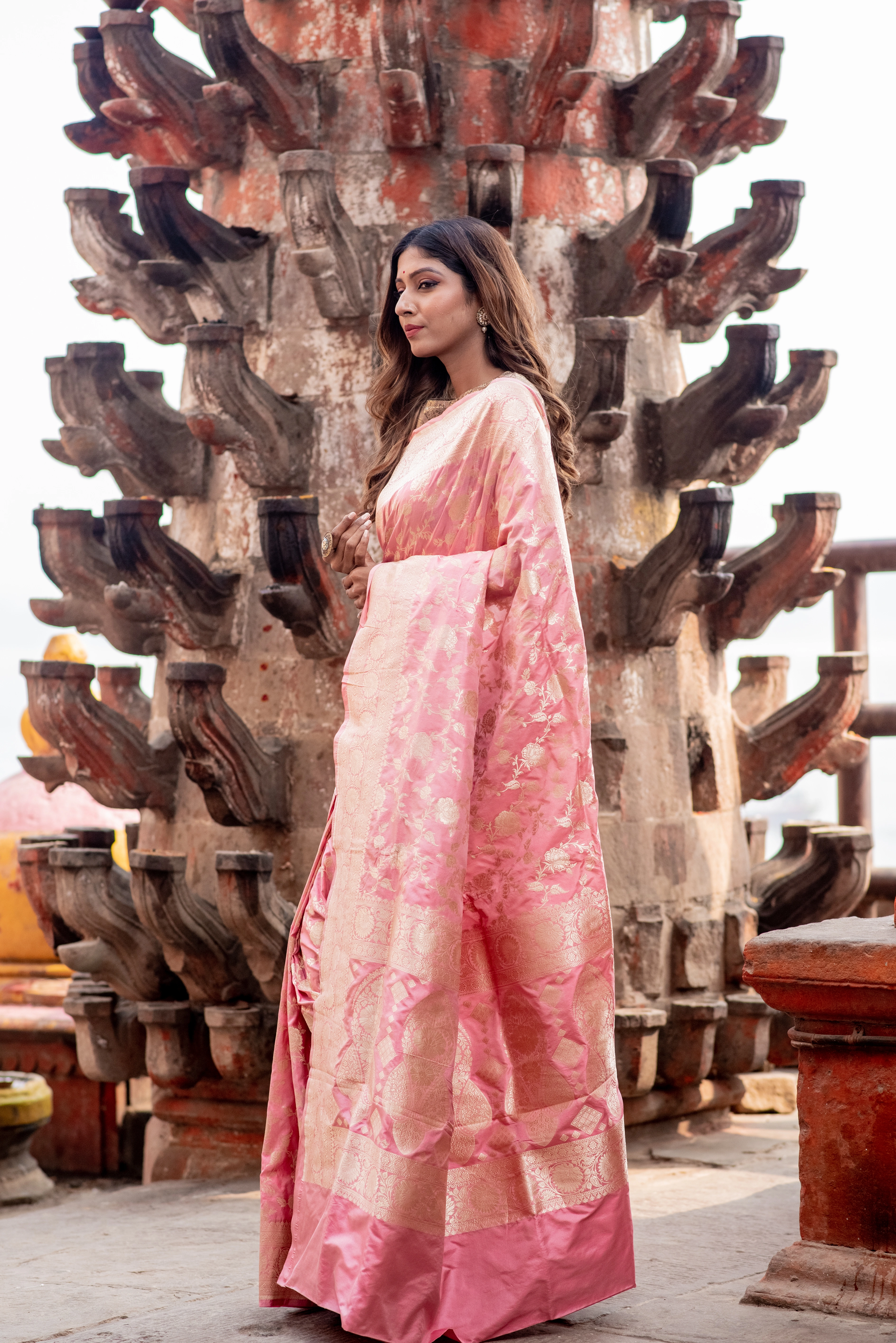 Pure Banarasi Katan Cutwork Jangla Handloom Saree-Baby Pink-1